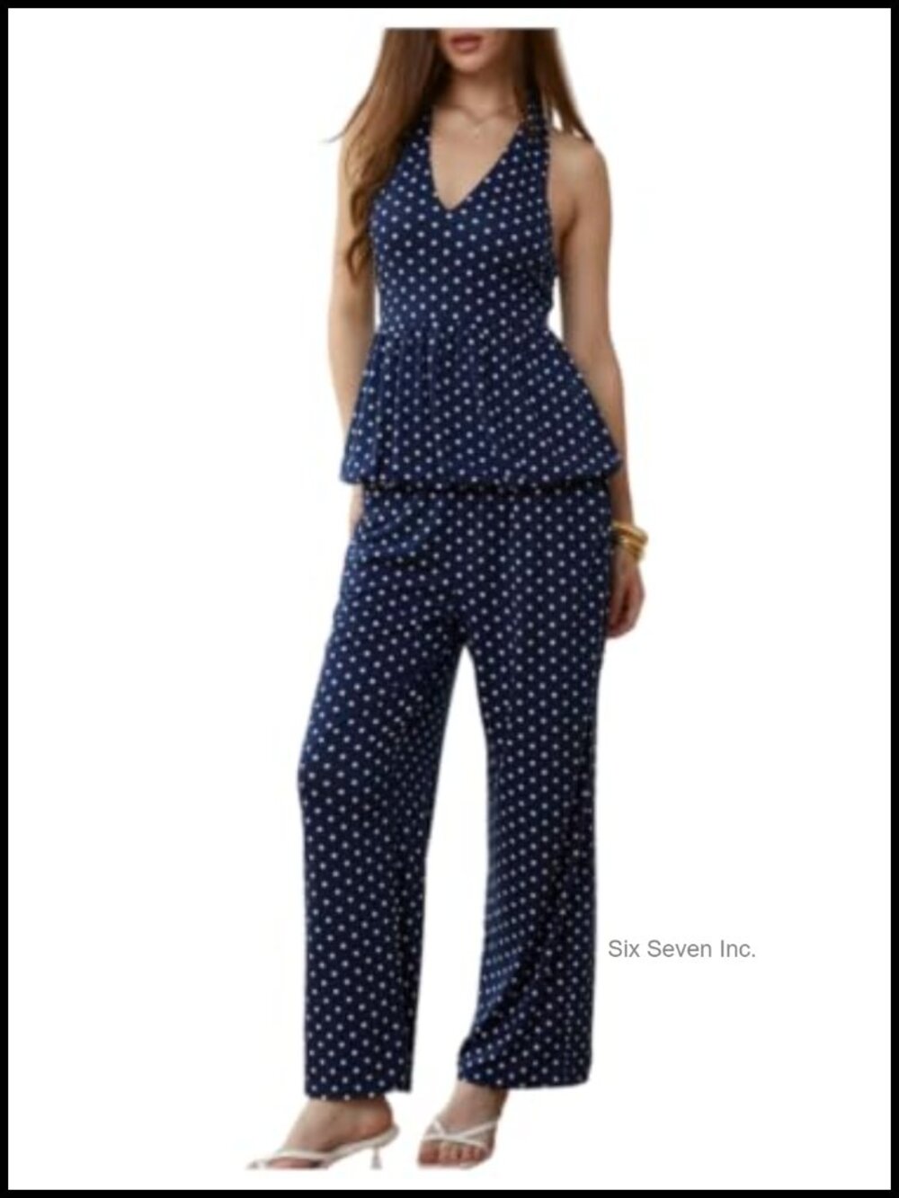 2 Piece Polka Dot Halter Peplum Top & Pants Set Sleeveless Pull On
